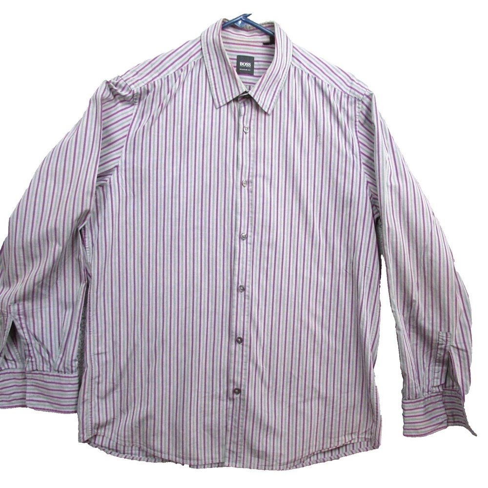 Hugo Boss Shirt Mens Large Gray Purple Striped Button Down Reg Fit Long Sleeve